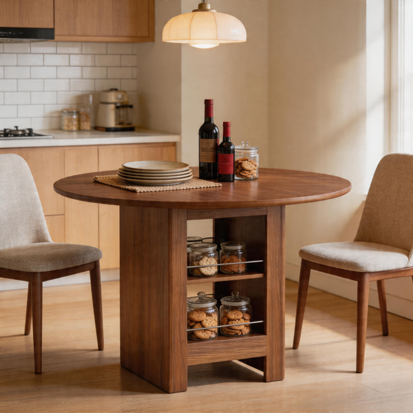 Moderner runder Esstisch mit offenen Stauraumfächern, Walnuss-Holzmaserung Tischplatte & Walnussoptik-Korpus, 100cm Durchmesser, 4–6 Personen, ideal für Küche, Esszimmer & kleine Räume