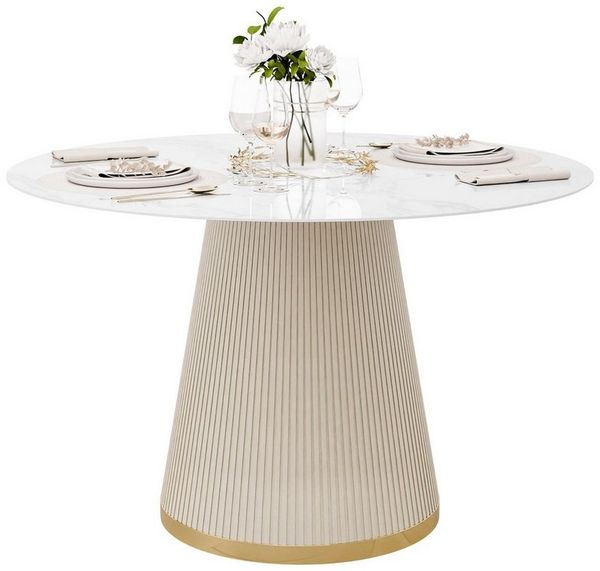ALLHOUSE24 Esstisch VELORA Ø120 cm – Keramikplatte Hochglanz, Säulenfuß mit Goldring (1 Tisch), Durchmesser: ⌀120 cm