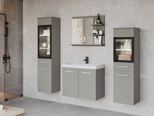Badmöbel-Set Madrit I (Farbe: Palladgrau, mit Siphon, mit weißer LED Beleuchtung)