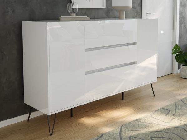 Design Sideboard Kommode Lovo 155cm Greifraum 3 SoftClose 2 Türen Weiß hochglanz : Weiss hochglanz