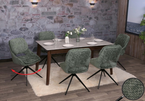6er-Set Esszimmerstuhl HWC-N73, Küchenstuhl, drehbar Auto-Return, Stoff/Textil Chenille (490g/m²) Öko-Tex ~ grün Bild 1