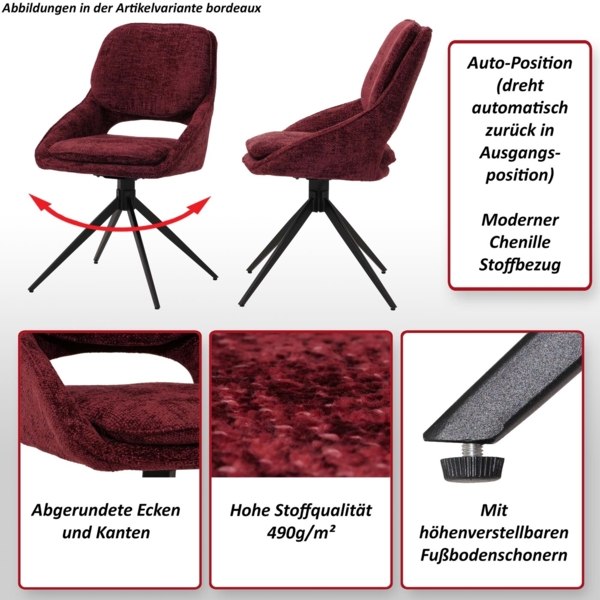 6er-Set Esszimmerstuhl HWC-N73, Küchenstuhl, drehbar Auto-Return, Stoff/Textil Chenille (490g/m²) Öko-Tex ~ grün Bild 2