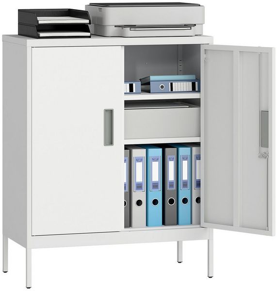 HOMCOM Aktenschrank mit 2 Türen, 2 höhenverstellbaren Einlegeböden, Schloss (abschließbar Büroschrank, 1-St, Aufbewahrungsschrank) aus Stahl, für Büro, Arbeitszimmer, 80 x 40 x 100 cm, Weiß