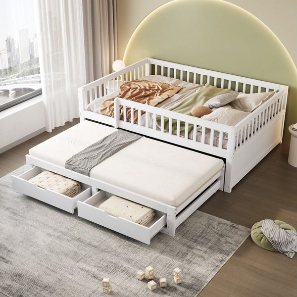 Merax Daybett mit Ausziehbett 90x190cm (Jugendbett Doppelbett Kinderbett Sofabett, Kiefernholz, 1 tlg), Schlafsofa Tagesbett 140x200cm mit 2 Schubladen & Sicherheitsgitter