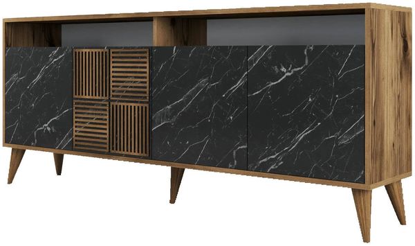 Dmora Kommode Benjamin, Wohnzimmerbuffet, Wohnzimmer-Sideboard, Moderne Küchen-Speisekammer, 180x35 h79 cm, Walnuss und Schwarz