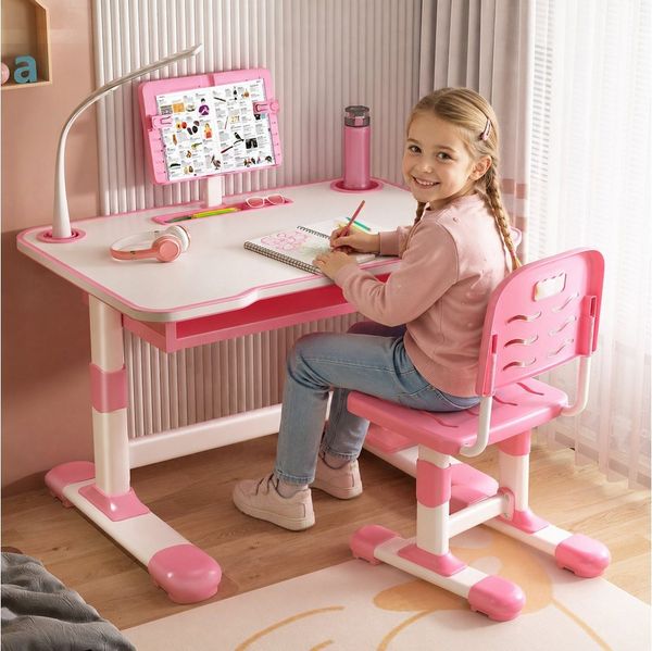 Rutaqian Kinderschreibtisch Kinderschreibtisch höhenverstellbar, Schreibtisch Kinder mit Stuhl (Höhenverstellbarer Ergonomischer Schreibtisch-Stuhl Set), Kinderschreibtisch-Stuhlset mit Tischlampe für Jungs und Mädchen
