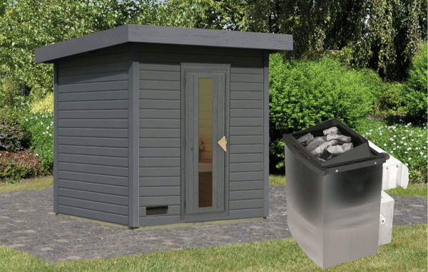 Karibu Sauna Hytti 2 terragrau mit 9 kW Ofen mit integrierter Steuerung