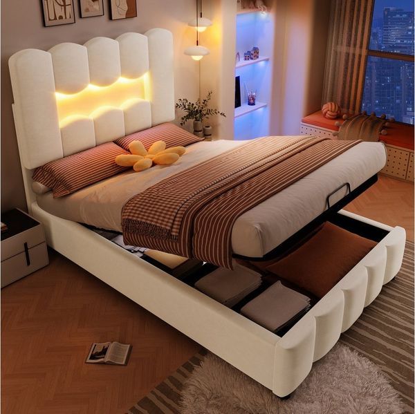 MODFU Polsterbett mit LED-Licht (Kinderbett mit hydraulischem Bettkasten & verstellbarem Kopfteil, Einzelbett, Samt 90x200 cm), ohne Matratze