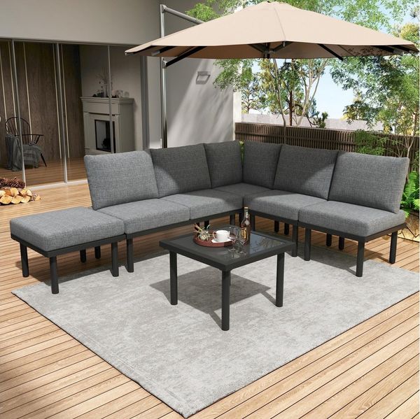 Flieks Gartenlounge-Set, 6 Sitzer frei-kombinierbar Gartenmöbel aus Seil Tischplatte aus Glas