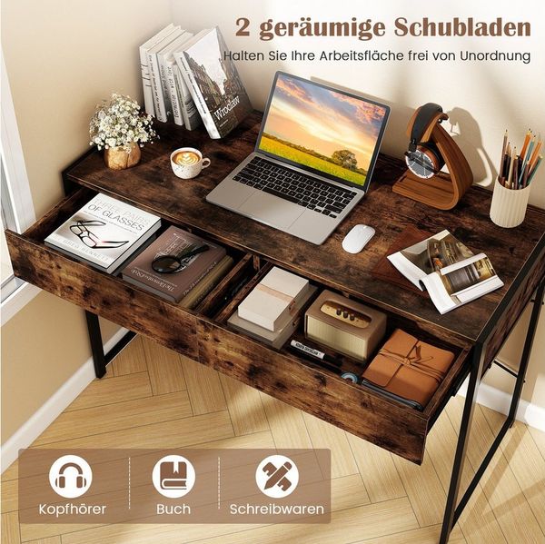 COSTWAY Schreibtisch, Kompakter Computertisch mit 2 Schubladen, Holz, Braun