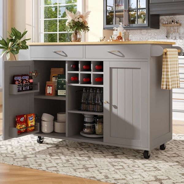 HAUSS SPOLE Kücheninsel Küchenschrank, buffetschrank, Speisewagen mit Speicherraum, Grau, (Moderne Kücheninsel mit Holzmaserung – Multifunktionaler Speisewagen, flexibler Stauraum, verstellbares Weinregal & 360° Lenkrollen – Perfekt für Küche, Esszimme...