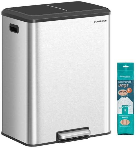SONGMICS Mülleimer Küche, Mülltrennsystem 2 x 30 L, 2 Fächer für Recycling und Restmüll, Abfalleimer, Inneneimer, Edelstahl, Softclose-Deckel, breites robustes Peda