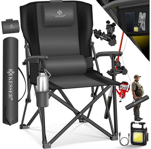 KESSER® Campingstuhl faltbar bis 160 kg | Angelstuhl Faltstuhl Klappstuhl Gepolstert mit Armlehnen | Campinglicht und Getränkehalter + Tasche mit hoher Rückenlehne | Strandstuhl mit Angelhalterung Anthrazit / Schwarz
