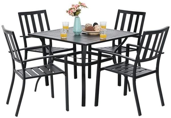 PHI VILLA Garten-Essgruppe, (94cm Quadratischer Gartentisch und 4 Gartenstühle, Wetterfest Balkonmöbel Terrassenmöbel), Metall Gartentisch und Stapelstühle