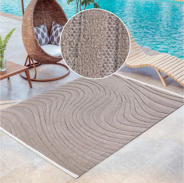 OTTO home Teppich Samelia mit Fransen, Wellendesign, Balkon, Camping, rechteckig, Höhe: 6 mm, Hoch-Tief-Struktur, In- und Outdoor geeignet für Küche oder Esszimmer