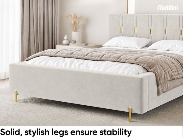 MEBLINI Polsterbett 160x200 mit Lattenrost mit Matratze – FABIO – Creme Samt – Doppelbett mit Bettkasten - Stauraumbett - Kopfteil Bett mit Stauraum Bild 5