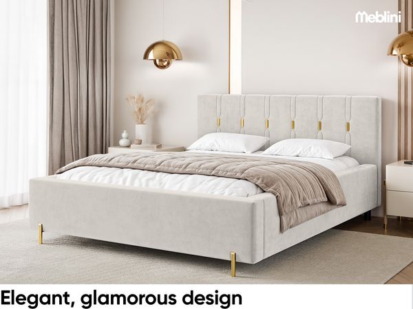 MEBLINI Polsterbett 160x200 mit Lattenrost mit Matratze – FABIO – Creme Samt – Doppelbett mit Bettkasten - Stauraumbett - Kopfteil Bett mit Stauraum Bild 3