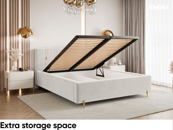 MEBLINI Polsterbett 160x200 mit Lattenrost mit Matratze – FABIO – Creme Samt – Doppelbett mit Bettkasten - Stauraumbett - Kopfteil Bett mit Stauraum Bild 6