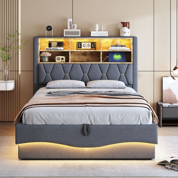 Merax Polsterbett, 140×200cm Doppelbett, mit hydraulischem Stauraum APP-gesteuertes LED-Lichtband USB-Ladeanschluss Metall-Lattenrost Leinenpolsterung Grau
