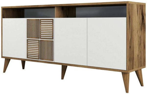 Dmora Konsolentisch Garigliano, Wohnzimmer-Sideboard, niedriger TV-Schrank, ausgestatteter Wandsockel, 160 x 35 h79 cm, Walnuss und Weiß