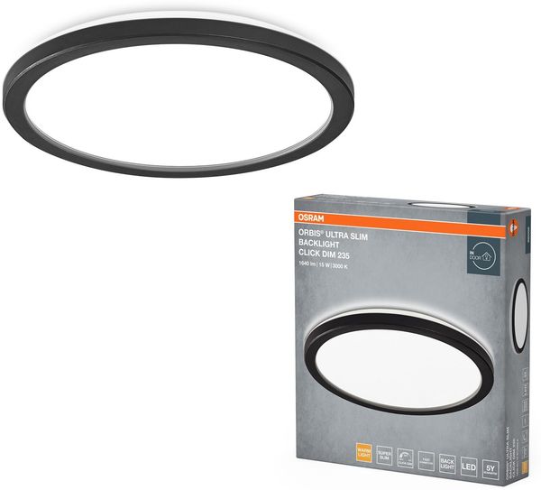 Osram ORBIS Ultra Slim Deckenleuchte 235mm, schwarz, 15W, 1640lm, homogenes, warmweißes Licht (3000K) + Hintergrundlicht, dreistufige Dimmbarkeit über Wandschalter, ultraflach, Schutzklasse IP20