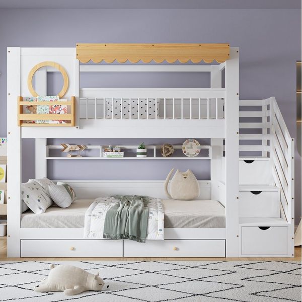 Merax Etagenbett 90x200cm mit Geländern und Fenstern (1-St, Jugendbett Stockbett Doppelbett), Kinderbett mit 2 Schubladen,Treppenschrank,Regalen,seitlicher Ablage
