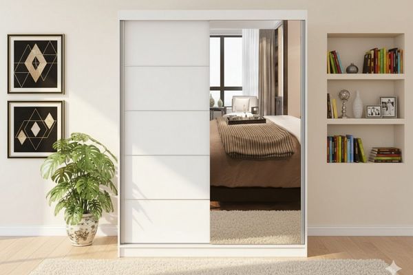 Deine Möbel 24 Schwebetürenschrank VELMA 05 Kleiderschrank 150 cm breit mit Spiegel (Set, 1-St, Weiß Matt Kaschmir Grau Eiche Sonoma) 2 Schiebetüren, 5 Einlegeböden und Kleiderstange