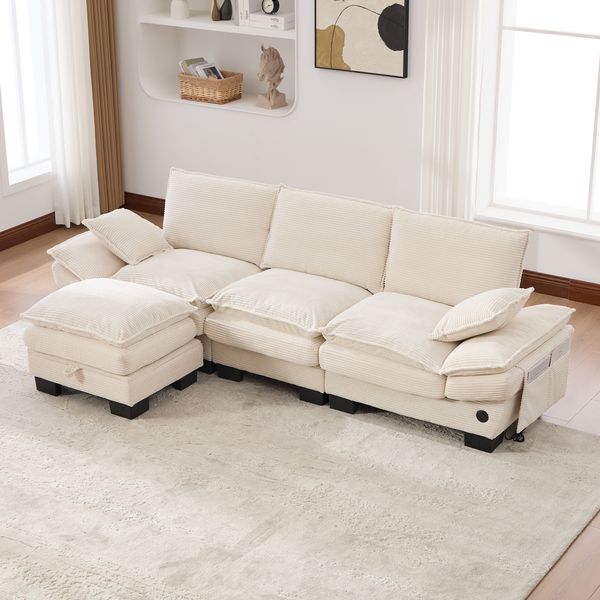 Sofa 3-Sitzer mit Hocker, Sitzfläche 194x53 cm, Beige, Corduroy, modular mit USB-C und Stauraum,84x260x132 cm