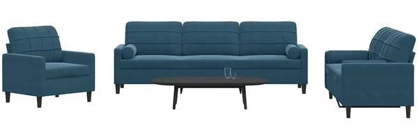 vidaXL 3-tlg. Sofagarnitur mit Kissen und Nackenrollen Blau Samt 3278460