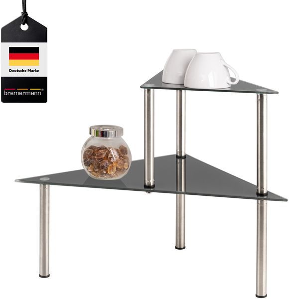 Glas-Eckregal, Küchenregal mit Glasplatten und Edelstahlfüßen, grau