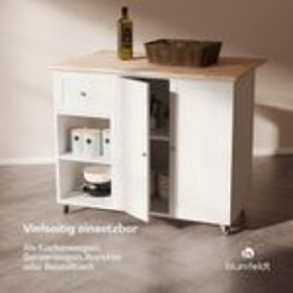 Blumfeldt Servierwagen – Küchenwagen mit Rollen, Ausziehbare Arbeitsplatte, 1 Schublade & 2 Türen, Viel Stauraum, Hostessenwagen mit Bremsen, Zeitloses Design, 106,5x49,5x89 cm