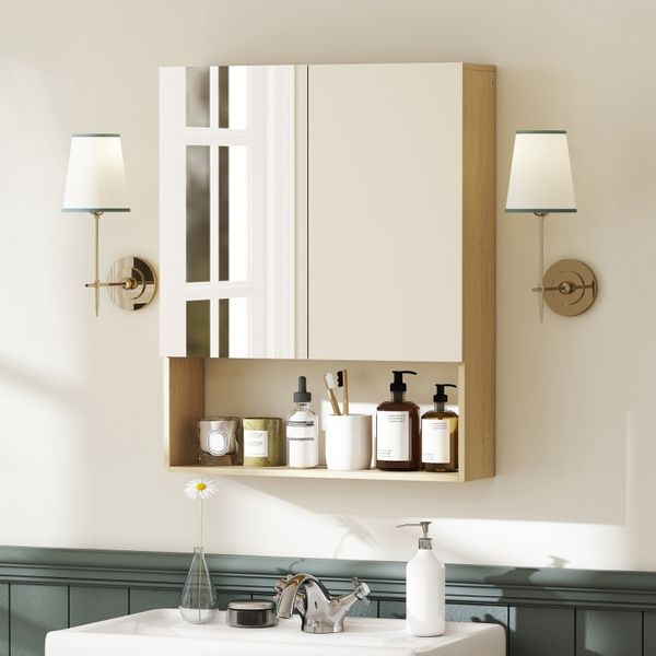 Badezimmerschrank mit Spiegeltüren & offenem Regal, 60 x 16,6 x 75 cm, Eiche