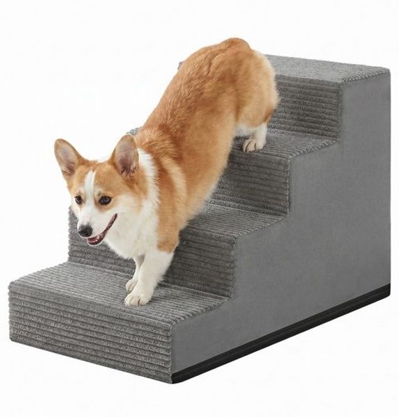 FEANDREA Hundetreppe für Kleine Hunde, 4 Stufen Waschbare Katzentreppe aus Schaumstoff für Sofa, 62 x 40 x 44 cm, Grau