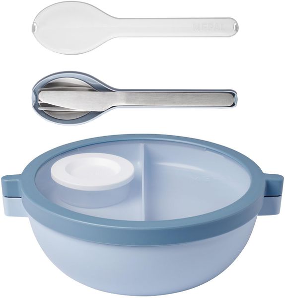 Mepal - Meal Prep Boxen Vita Set - Bento Schüssel + 3-teiliges Besteck-Set Ellipse - Brotdose mit Fächern - Extra Fach mit Deckel, Dressing-Deckel & Tablett - Bentobox - 1500 ml - Nordic Blue
