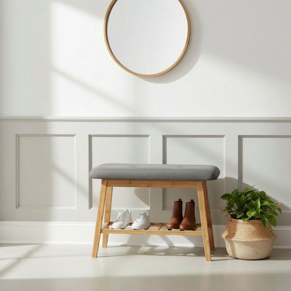 Sitzbank Garderobenbank EDER1 für 3 Paar Schuhe Bambus gepolstert 60 x 30 x 44 cm