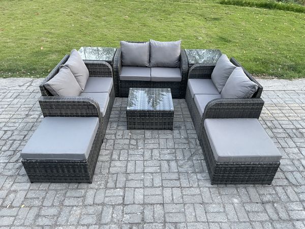Fimous 8-Sitzer Gartenmöbel Sets Wicker Rattan Möbel Sofa Sets mit quadratischem Couchtisch Liebe Sitz Sofa 2 Big Foothocker 2 Beistelltische