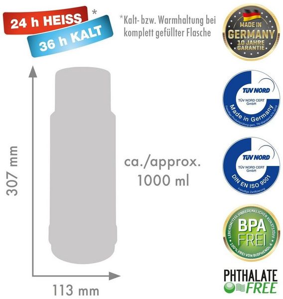 ROTPUNKT Thermoflasche Isolierflasche 1,0 ltr. I auslaufsicher I Glaseinsatz I BPA-Frei, 24 Std heiß 36 Std kalt I 40 polar/grashopper