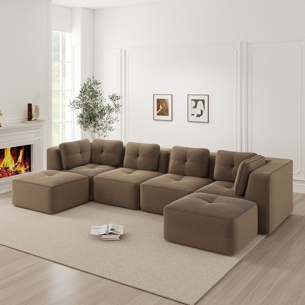 4-Sitzer Sofa 386×177×69 cm aus Cordstoff rahmenlos modular mit 2 Ottomane, braun