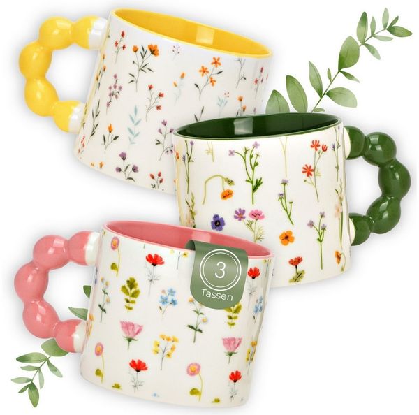 matches21 HOME & HOBBY Tasse Kaffeetassen 3er Set mit Blumen Dekor, 360 ml Porzellanbecher, 3-tlg, Porzellan, Moderne Dopamine Designertasse in Pastellfarben