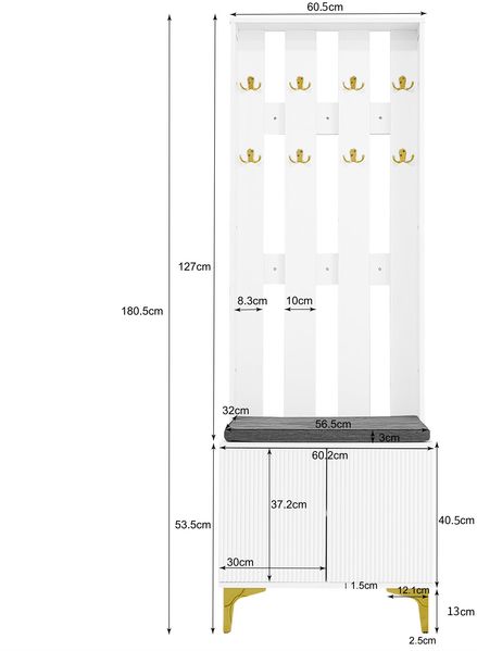 Garderobenset mit Schuhschrank, Sitzkissen & Haken, 60,5x35,2x180,5 cm + 83x35x101 cm, Weiß Bild 6