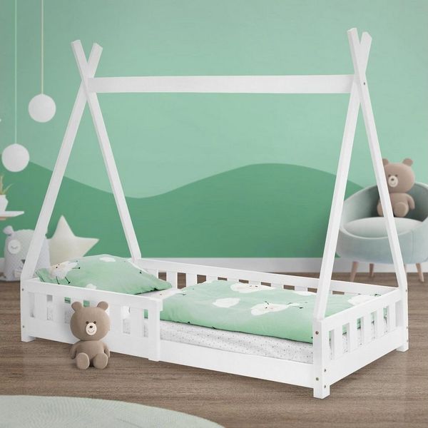 ML-DESIGN Kinderbett Hausbett Tipi Zeltbett inkl. Lattenrost Bodenbett Kinder Himmelbett, Abenteuerbett mit Rausfallschutz Zelt Spielbett Kiefer Weiß Kinderhaus