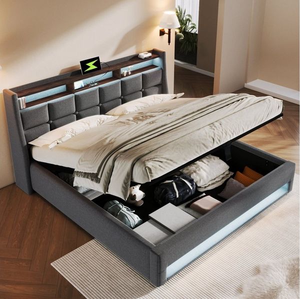 HAUSS SPOLE Polsterbett 180x200cm mit USB, LED Doppelbett mit Lattenrost, Leinen Grau