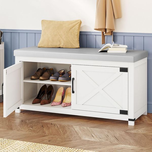 Schuhbank, Schuhschrank mit Sitzfläche, Schuhregal mit Sitzbank, Gepolstertem Kissen, 35 x 100 x 49 cm, für 12 Paar, bis 150 kg belastbar, für Eingang, Wohnzimmer, Flur, Weiß