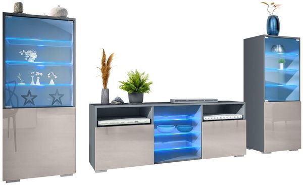 Vladon Wohnwand Granada, (Anbauwand, bestehend aus 2 Vitrinen, 1 TV-Board und LED-Beleuchtung), Anthrazit matt/Sandgrau Hochglanz (286 x 122,5 x 35 cm)