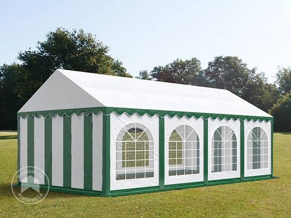 Festzelt Partyzelt 4x8 m PREMIUM, hochwertige PVC Plane 750 N in grün-weiß 100% wasserdicht mit Bodenrahmen