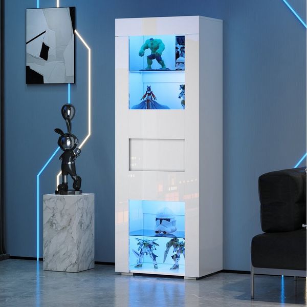 Merax Standvitrine Hochglanz schmal Glasvitrine mit LED inkl. APP (1-St, Wohnzimmerschrank Hochschrank Standregal Schrank Vitrinenschrank) Vitrine mit Acryl-Tür, verstellbaren Glasböden & Stauraum, 60x40x170cm