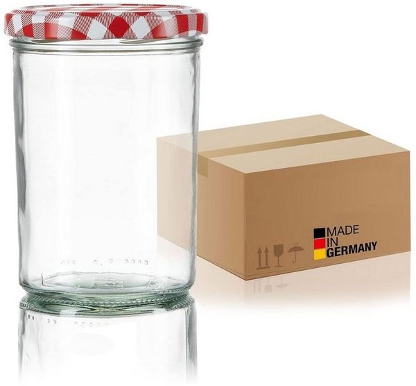 BigDean 12x Sturzgläser 435ml - Einmachgläser Einweckgläser Schraubgläser - Made in Germany - Marmeladengläser mit Schraub-Deckel TO 82 - Rot kariert