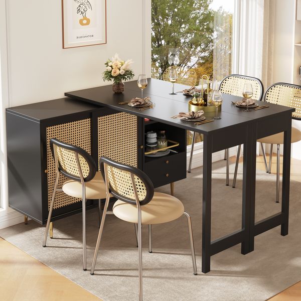 MODFU Bartisch 360°-Rotationsdesign (Stehtisch Bistrotisch, Ausziehbarer Esstisch, 2 Rattantür, 2 Schubladen und offenes Lagerregal), mit erweiterbarem Stehtisch