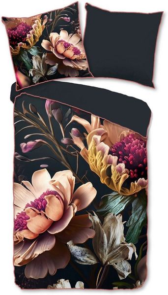 Descanso Wendebettwäsche Straizo, Mako-Satin, Renforcé, Satin, 3 teilig, Satin, Reißverschluss, Paspel, Biese, Wende, Luxe, Blume, Anthrazit