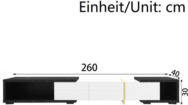 TV-Schrank erweiterbar 140–260 x 40 x 30 cm, MDF/Spanplatte, Weiß Hochglanz & schwarze Marmoroptik Bild 7